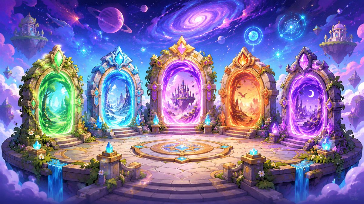 Dark fantasy portal scene for a World of Warcraft private server guide hub