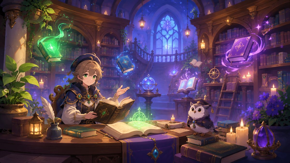 Arcane library scene for World of Warcraft guide navigation