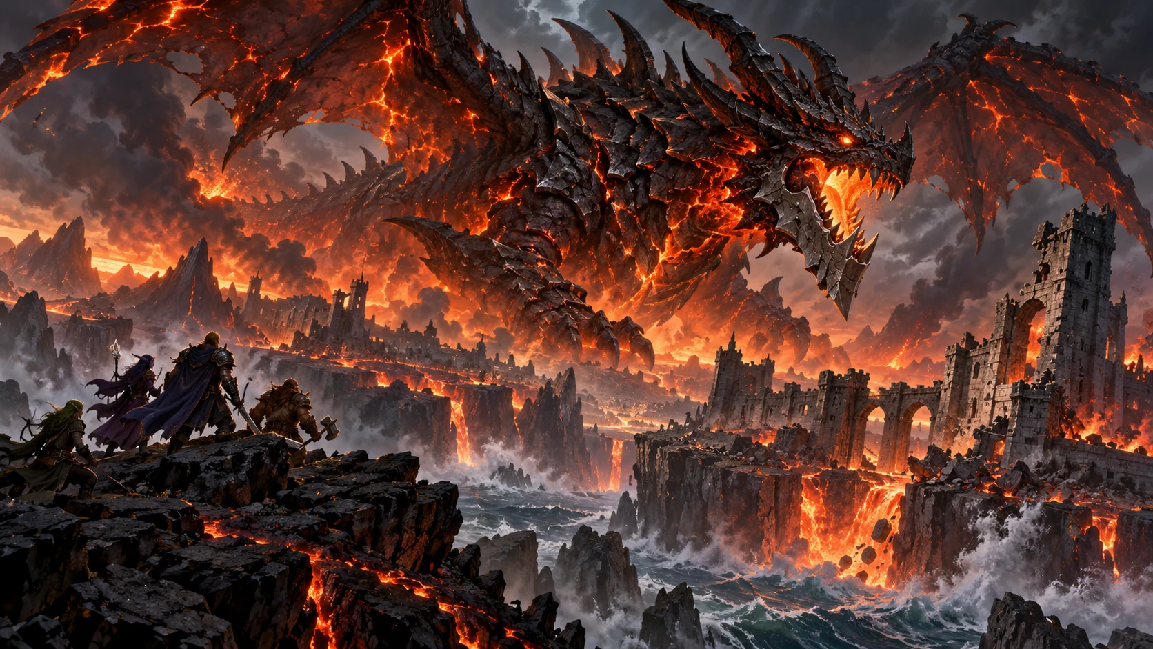 Deathwing flies above volcanic fissures and a ruined fortress