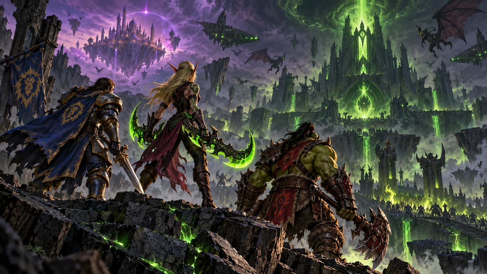 Demon hunter and allied adventurers face a fel-lit Legion fortress