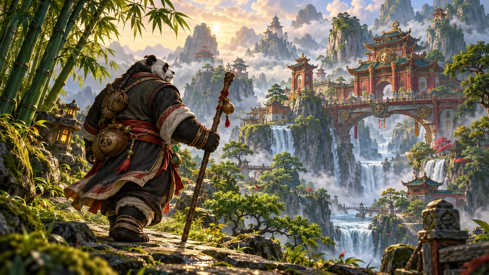 A pandaren monk explores a bamboo path towards a mountain temple