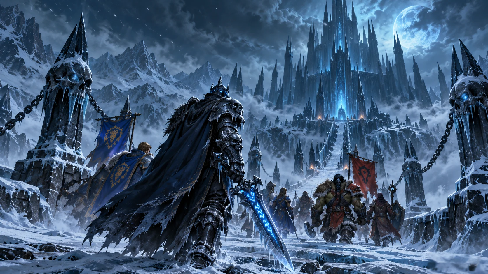 A death knight and expedition approach the frozen Icecrown Citadel
